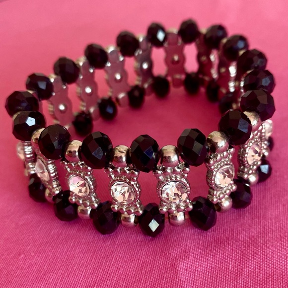 Impressions Jewelry - Black Silver Cuff Bracelet Beaded Stretchy Formal Wedding Guest Party Jewelry